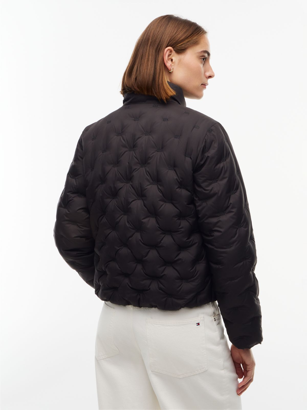 Gold-Tone Button Flag Down Quilted Jacket — Black
