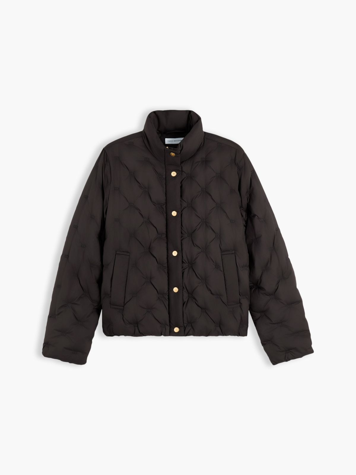 Gold-Tone Button Flag Down Quilted Jacket — Black