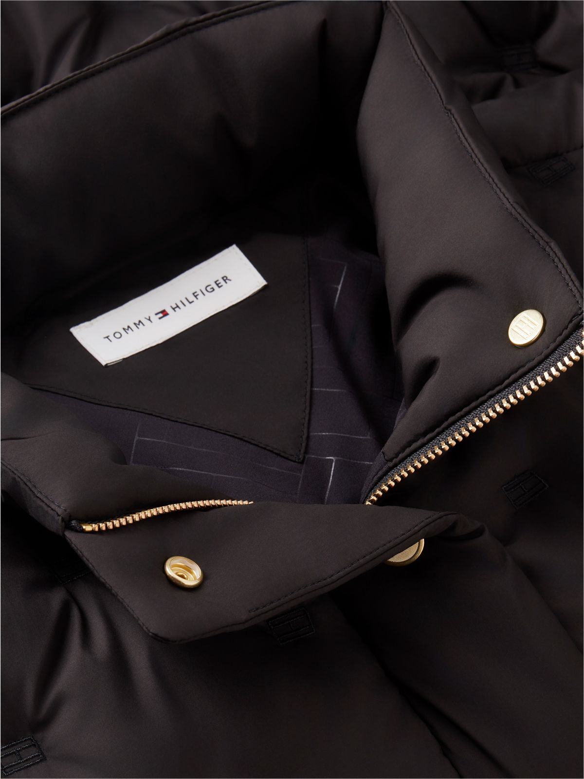 Gold-Tone Button Flag Down Quilted Jacket — Black