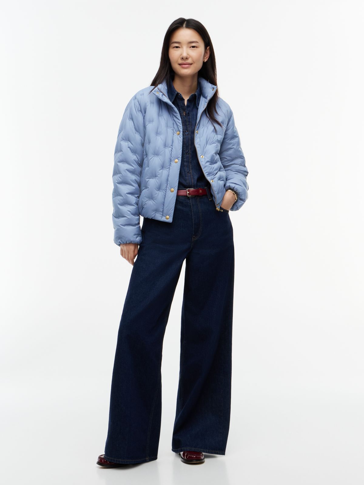 Gold-Tone Button Flag Down Quilted Jacket — Blue