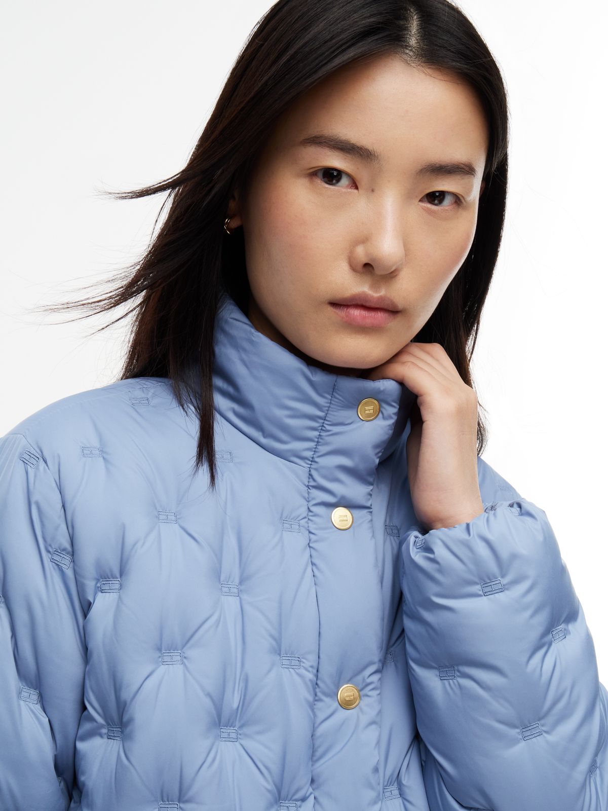 Gold-Tone Button Flag Down Quilted Jacket — Blue