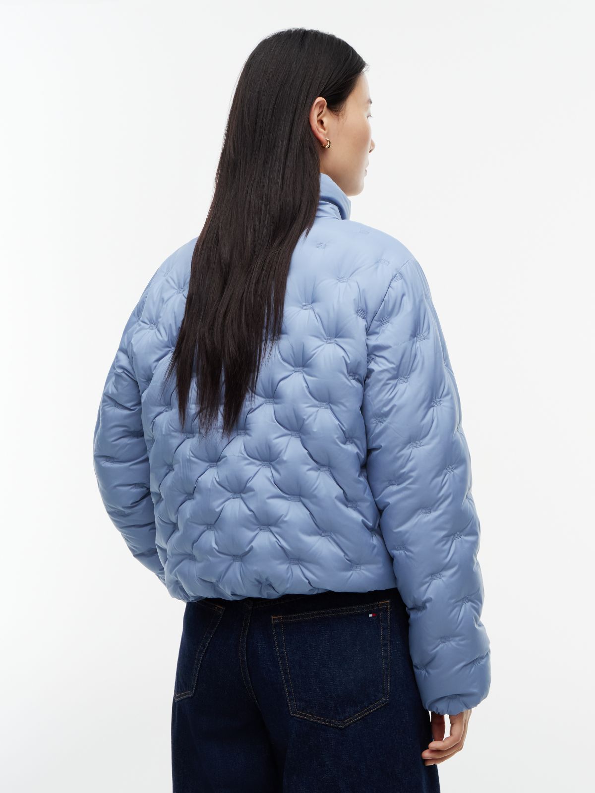 Gold-Tone Button Flag Down Quilted Jacket — Blue