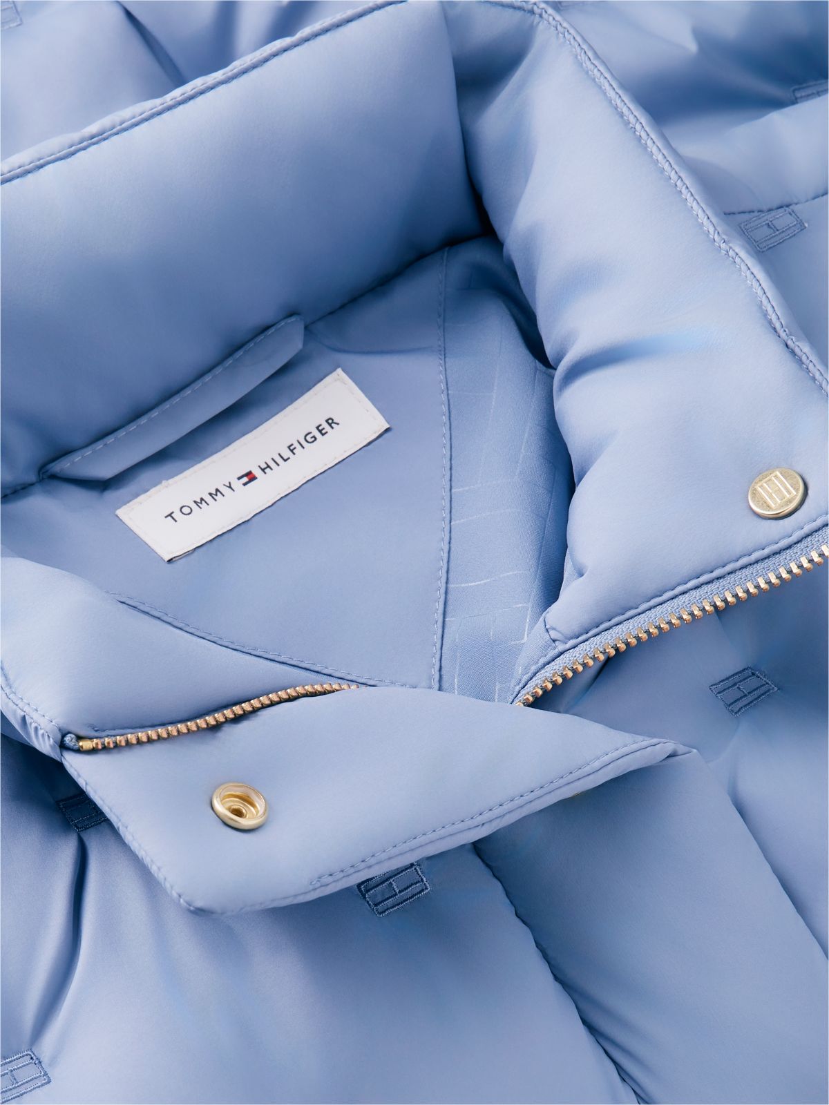 Gold-Tone Button Flag Down Quilted Jacket — Blue