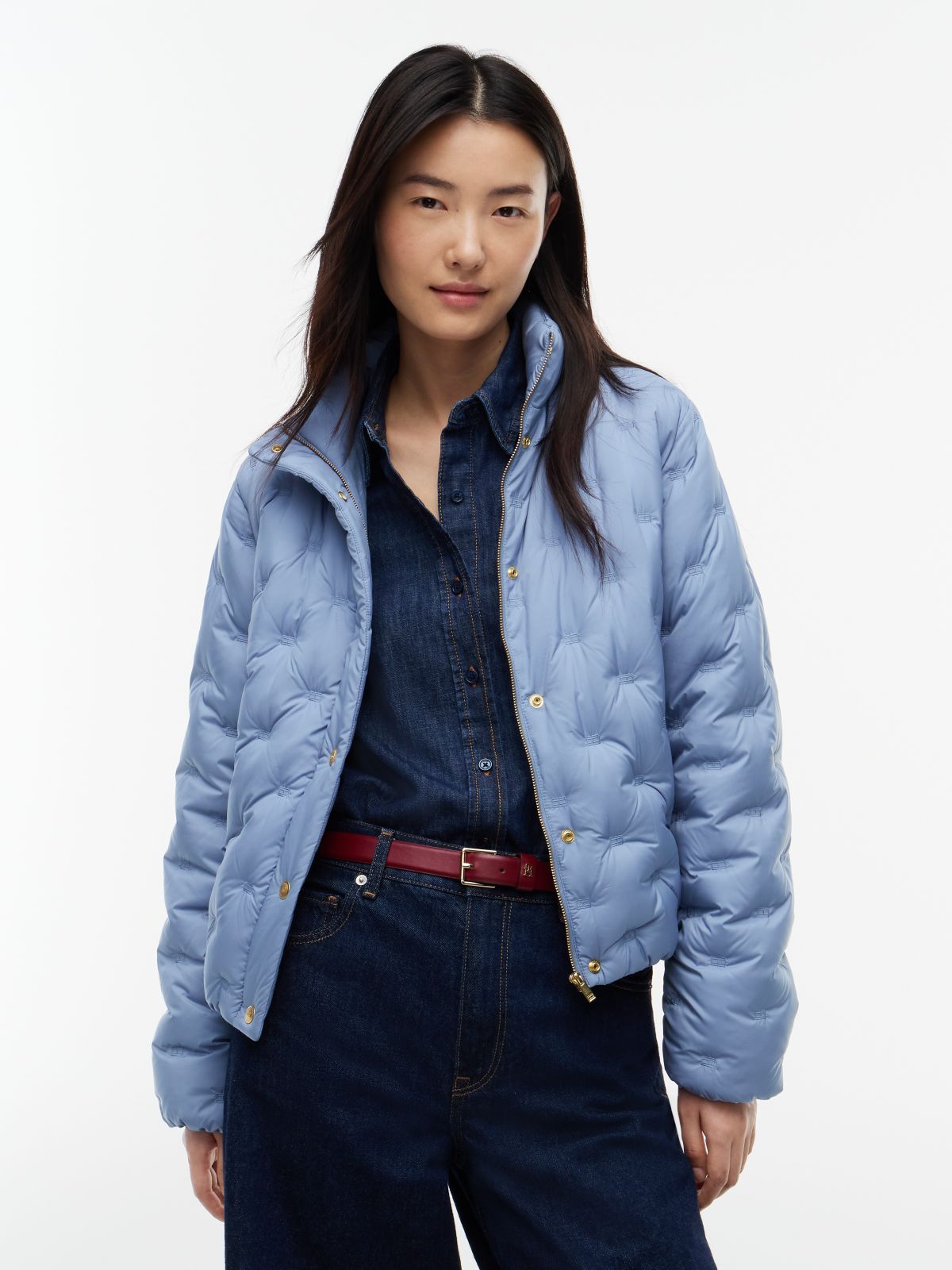 Gold-Tone Button Flag Down Quilted Jacket — Blue
