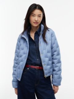 Gold-Tone Button Flag Down Quilted Jacket — Blue 1