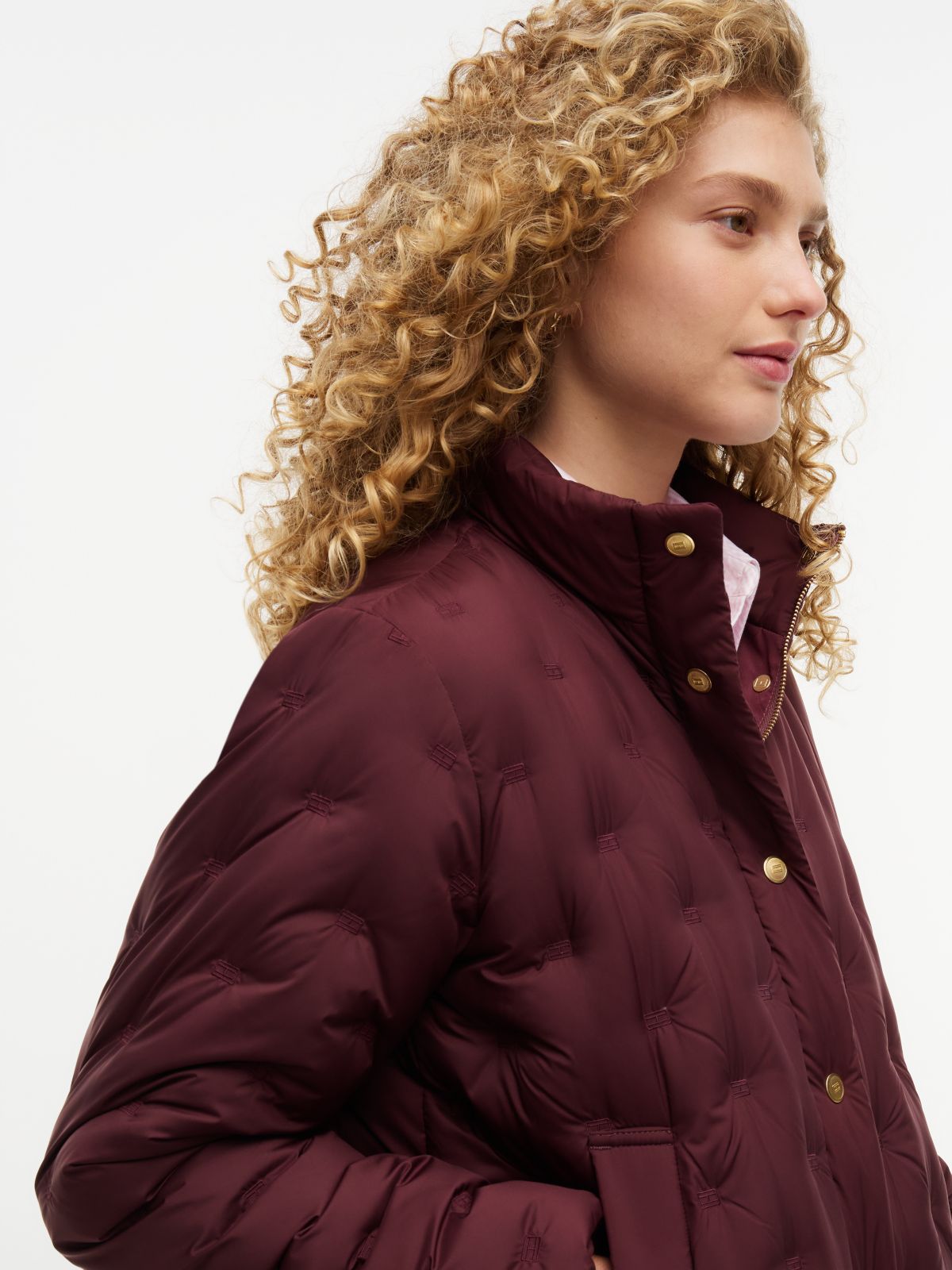 Gold-Tone Button Flag Down Quilted Jacket — Red