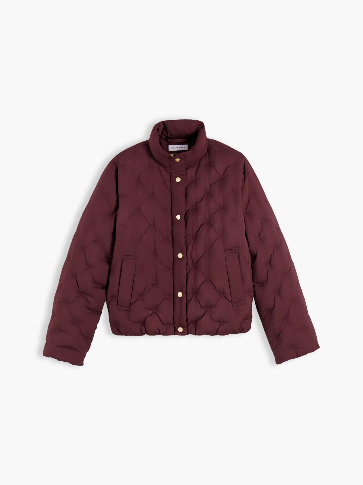 Gold-Tone Button Flag Down Quilted Jacket — Red
