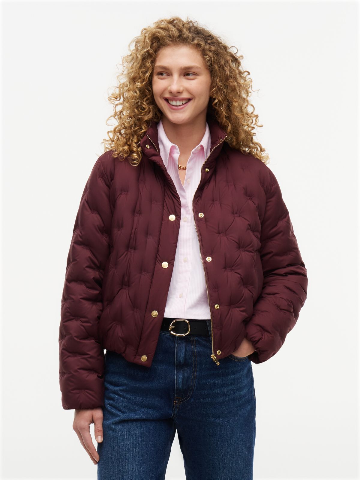 Gold-Tone Button Flag Down Quilted Jacket — Red