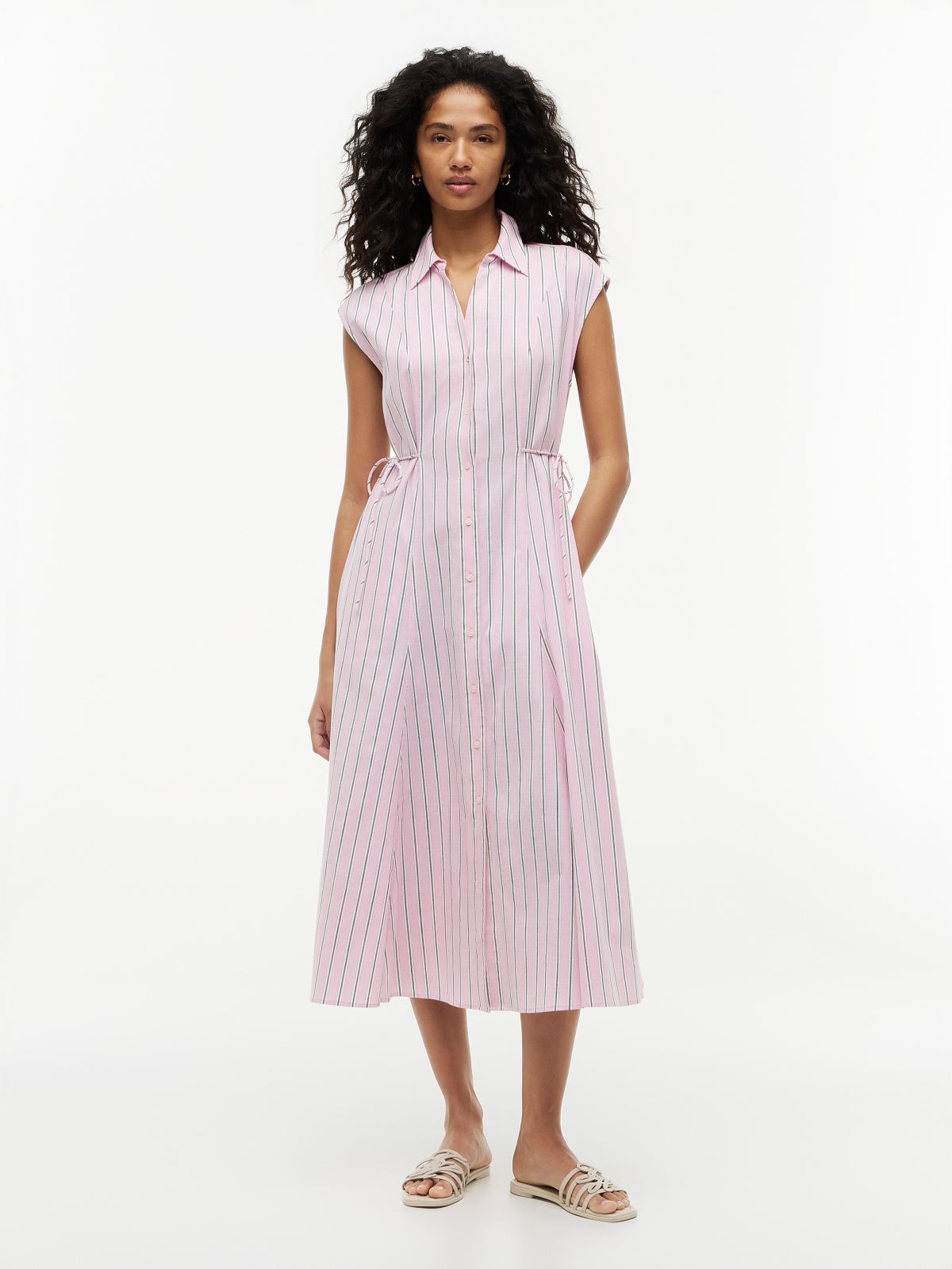 Tie Detail Cap Sleeve Midi Shirt Dress — Pink
