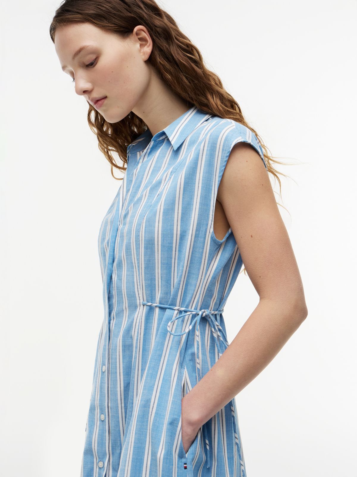 Tie Detail Cap Sleeve Midi Shirt Dress — Blue