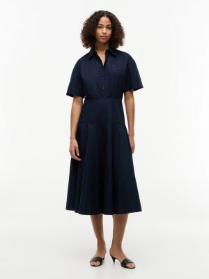 blue fit and flare poplin midi shirt dress for women tommy hilfiger