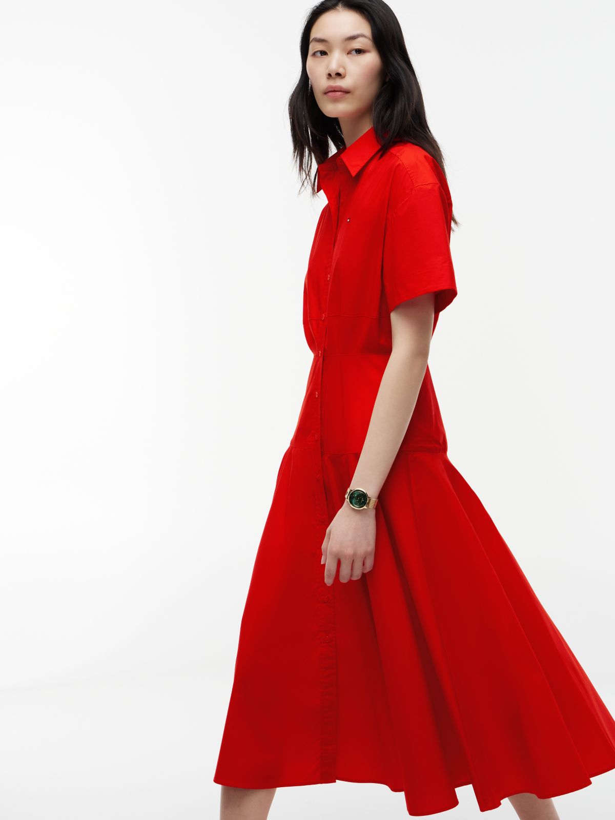 Fit And Flare Poplin Midi Shirt Dress — Red