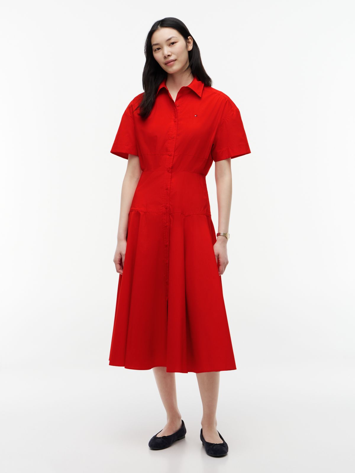 Fit And Flare Poplin Midi Shirt Dress — Red