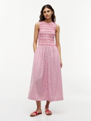 pink stripe smock sleeveless fit and flare maxi dress for women tommy hilfiger