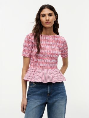 multi smock stripe ruffle boat neck top for women tommy hilfiger