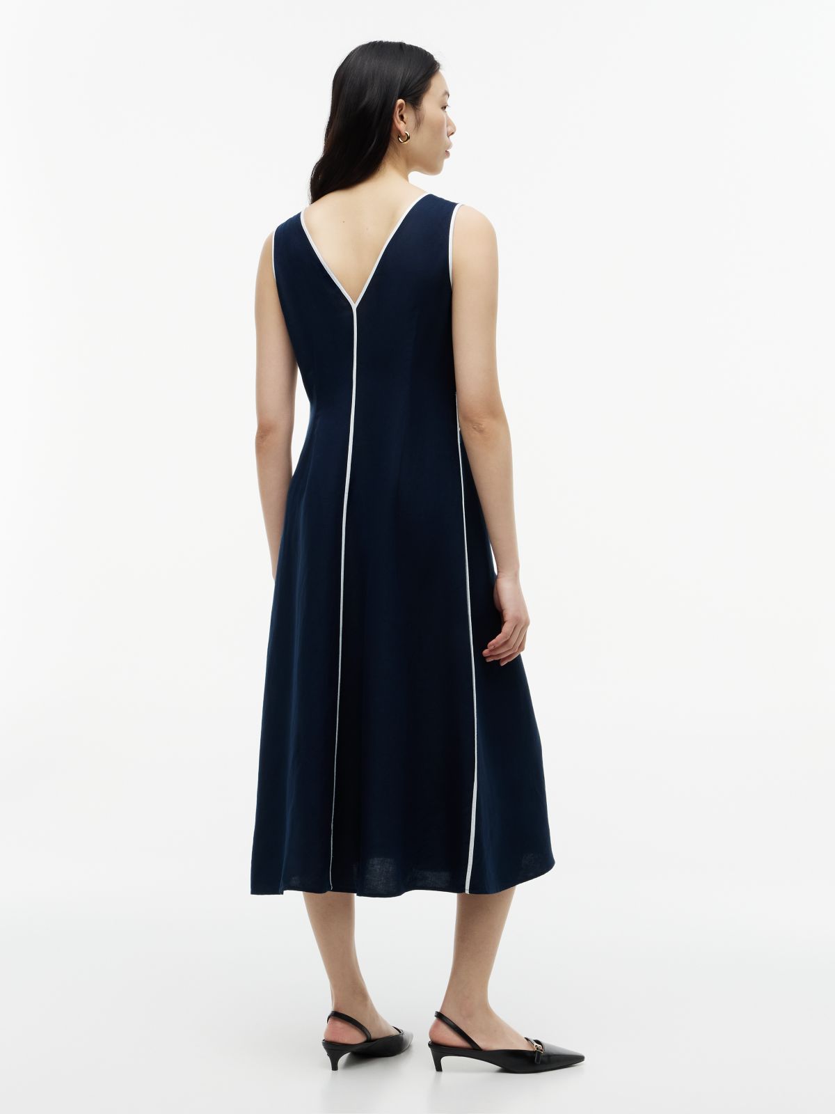 Gold-Tone Button Linen Blend Maxi Dress — Blue