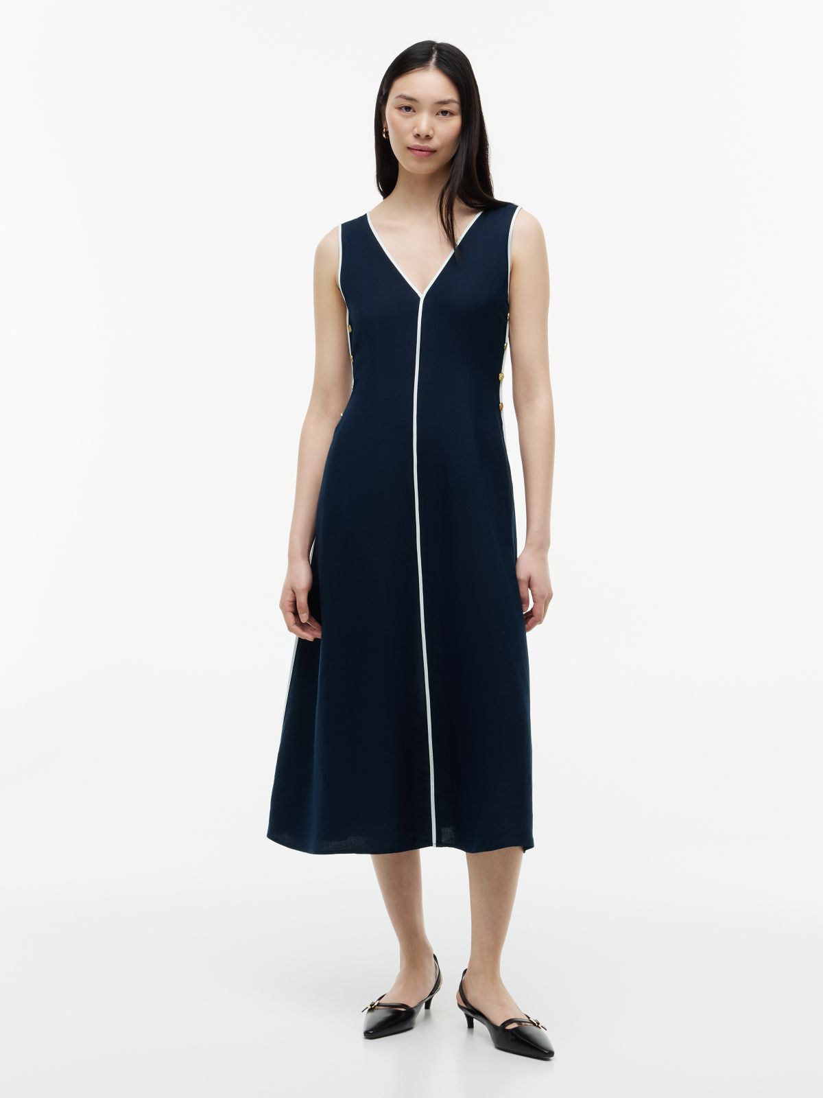 Gold-Tone Button Linen Blend Maxi Dress — Blue