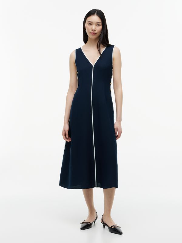 Gold-Tone Button Linen Blend Maxi Dress — Blue