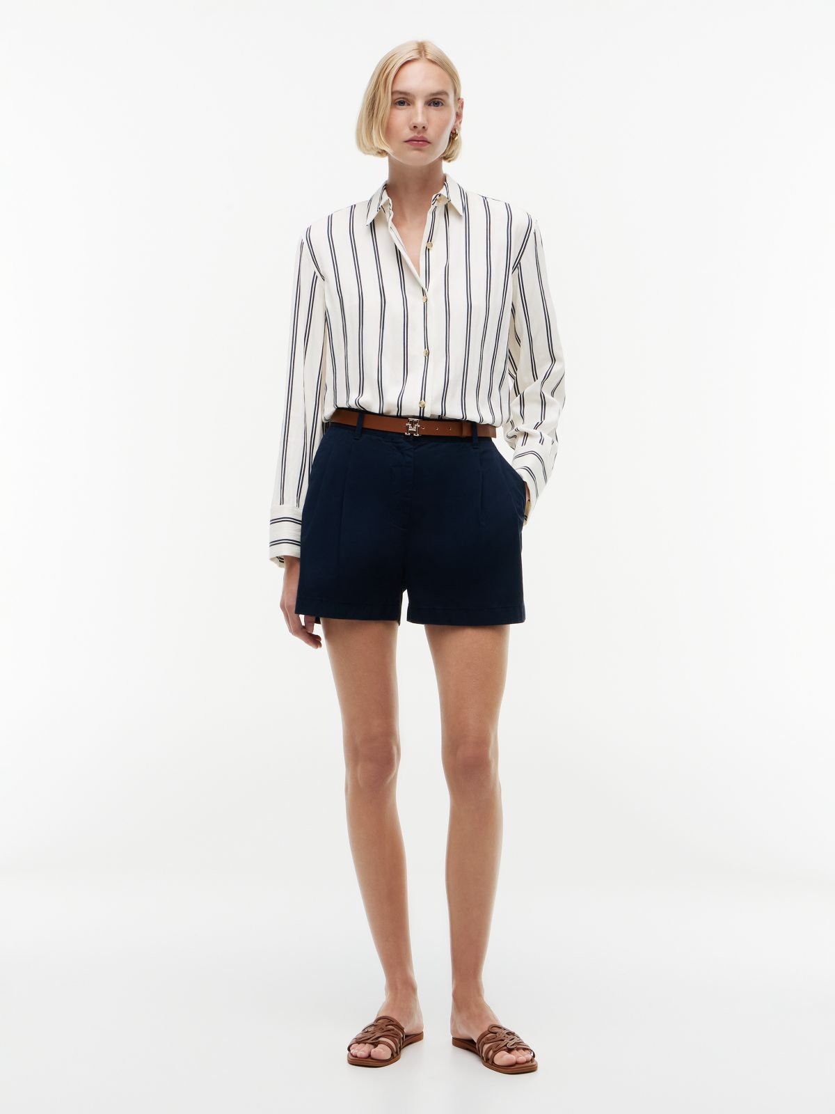 Relaxed Fit Gold-Tone Button Stripe Shirt — Beige