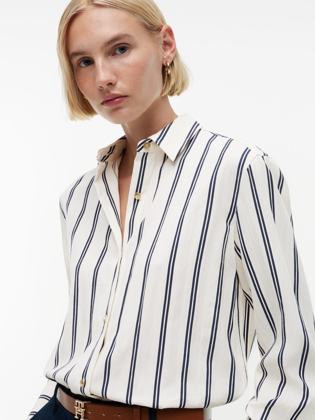Relaxed Fit Gold-Tone Button Stripe Shirt — Beige