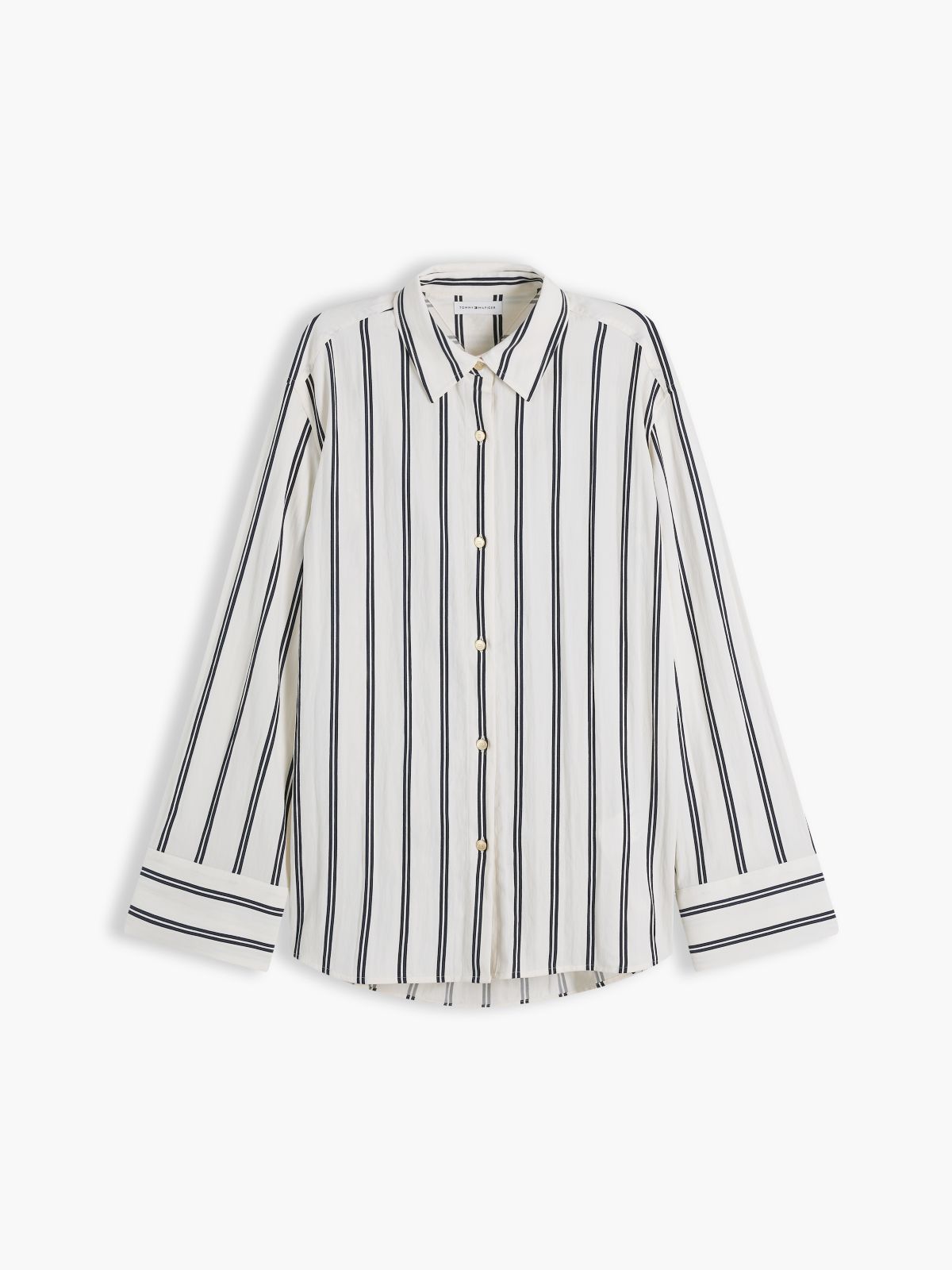 Relaxed Fit Gold-Tone Button Stripe Shirt — Beige