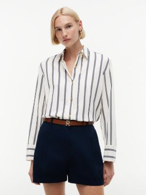 beige relaxed fit gold-tone button stripe shirt for women tommy hilfiger