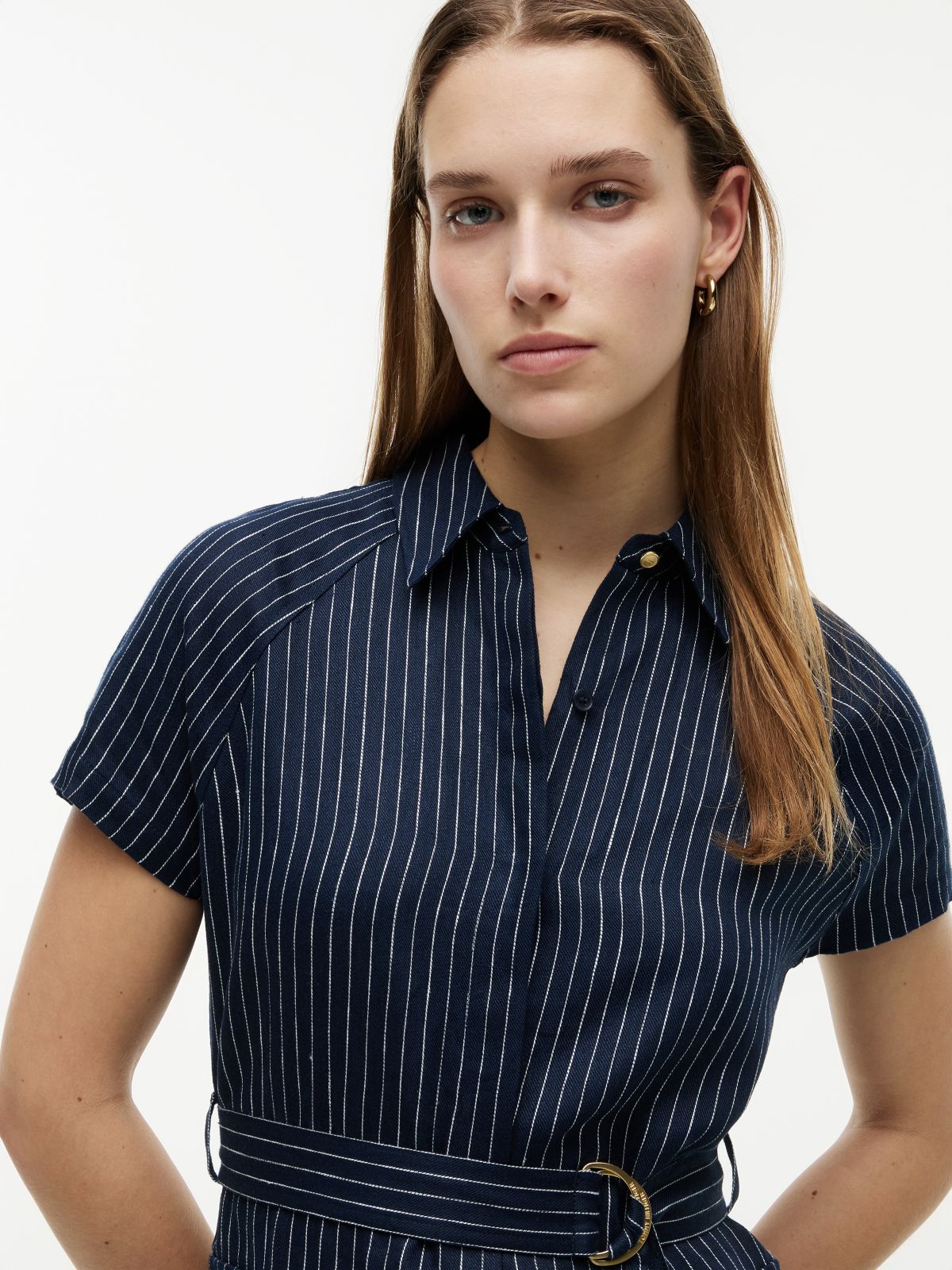 Gold-Tone Button Pinstripe Dress With Linen — Blue