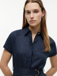 Gold-Tone Button Pinstripe Dress With Linen — Blue 2