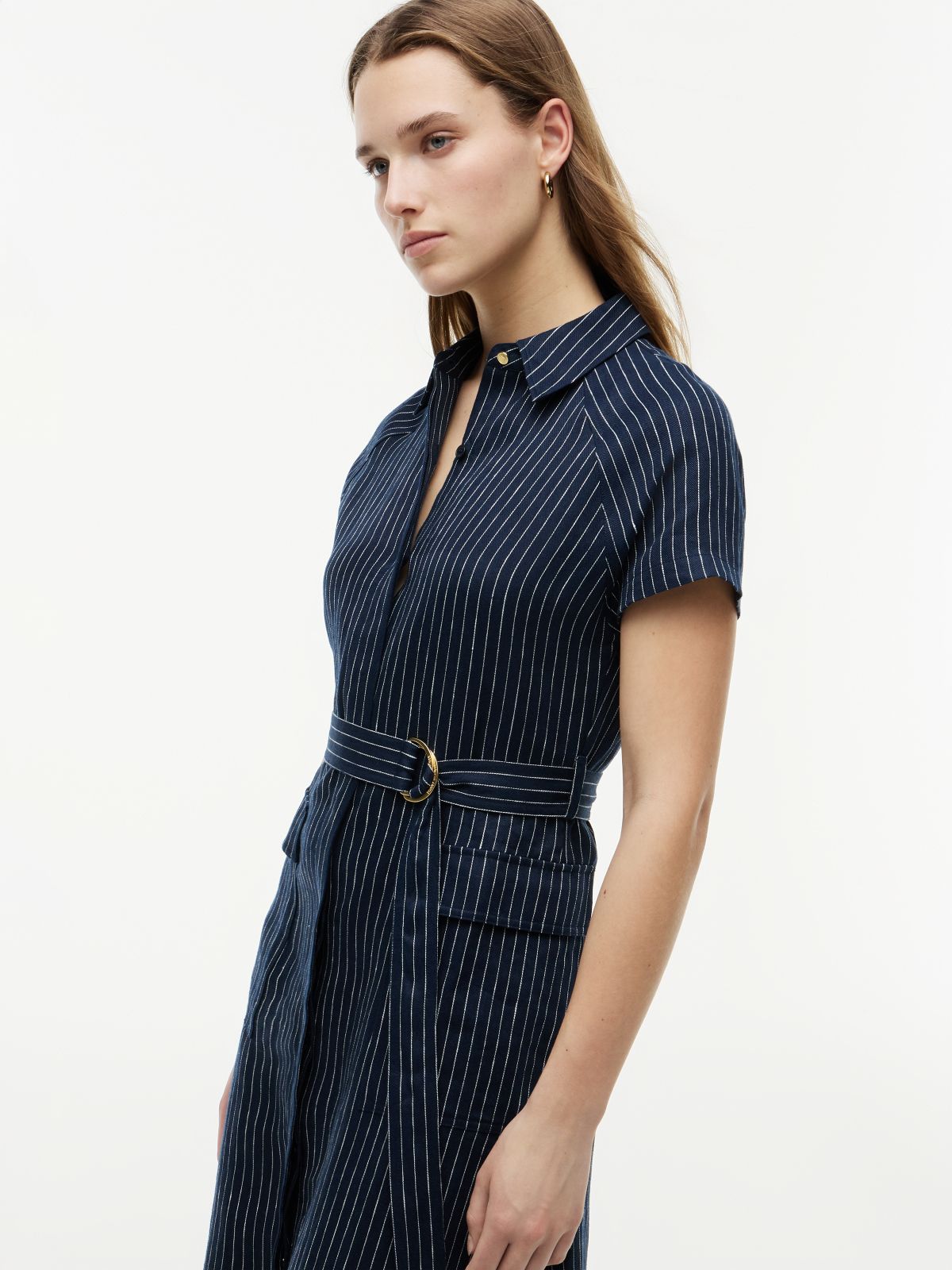 Gold-Tone Button Pinstripe Dress With Linen — Blue