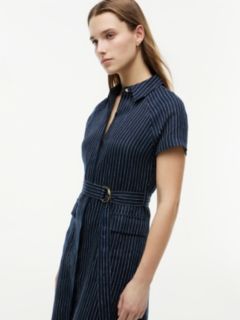 Gold-Tone Button Pinstripe Dress With Linen — Blue 3