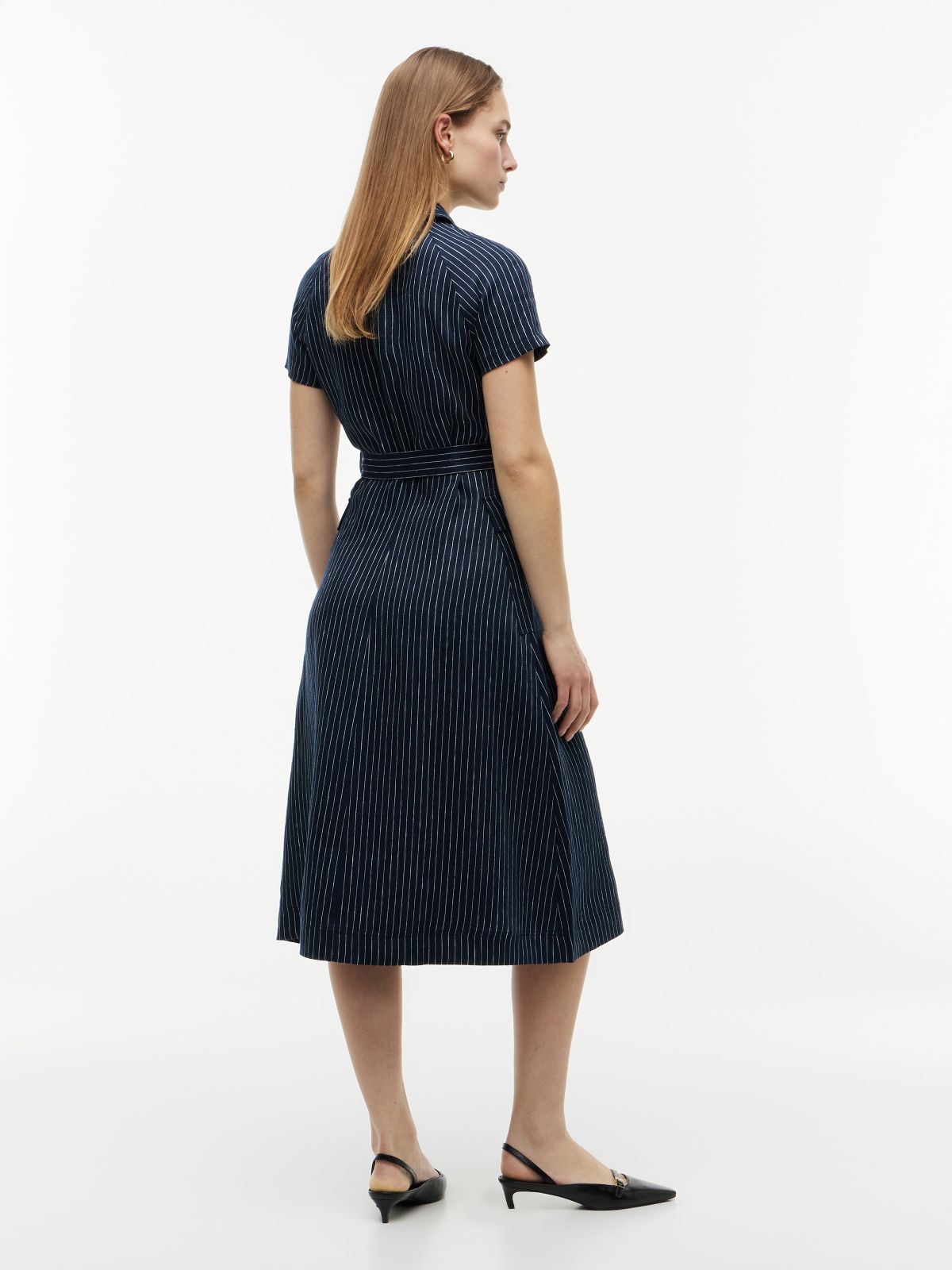 Gold-Tone Button Pinstripe Dress With Linen — Blue