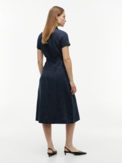 Gold-Tone Button Pinstripe Dress With Linen — Blue 4
