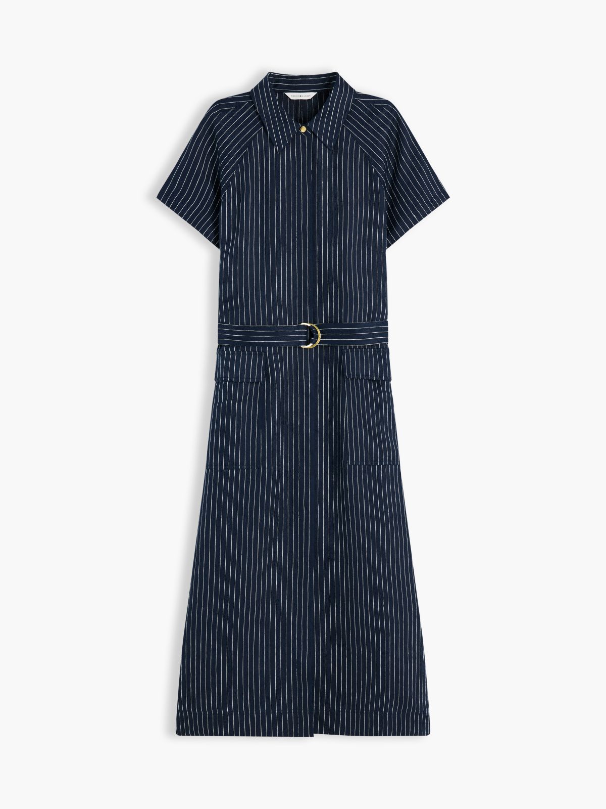 Gold-Tone Button Pinstripe Dress With Linen — Blue
