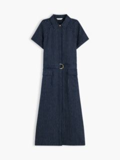 Gold-Tone Button Pinstripe Dress With Linen — Blue 5
