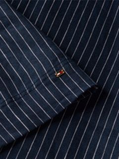 Gold-Tone Button Pinstripe Dress With Linen — Blue 6