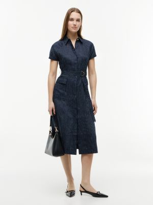 blue gold-tone button pinstripe dress with linen for women tommy hilfiger