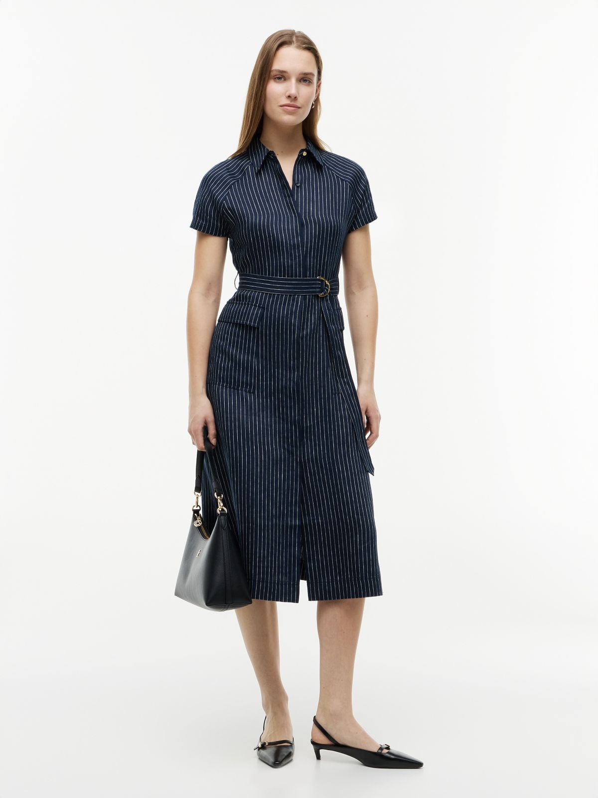 Gold-Tone Button Pinstripe Dress With Linen — Blue