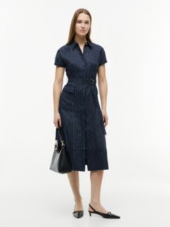 Gold-Tone Button Pinstripe Dress With Linen — Blue 1