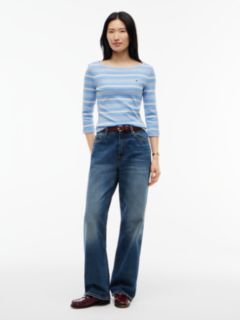 Boat Neck Slim Three-Quarter Sleeve T-Shirt — Blue 2