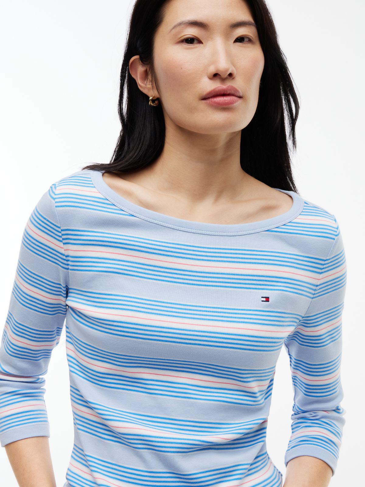 Boat Neck Slim Three-Quarter Sleeve T-Shirt — Blue