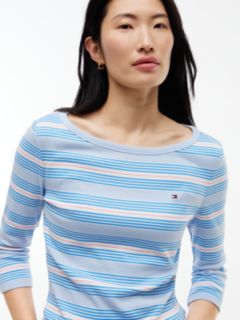 Boat Neck Slim Three-Quarter Sleeve T-Shirt — Blue 3