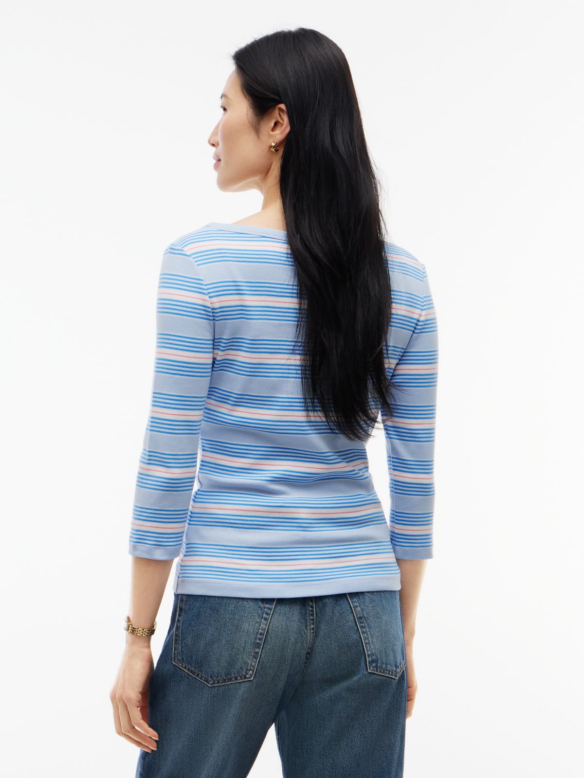 Boat Neck Slim Three-Quarter Sleeve T-Shirt — Blue