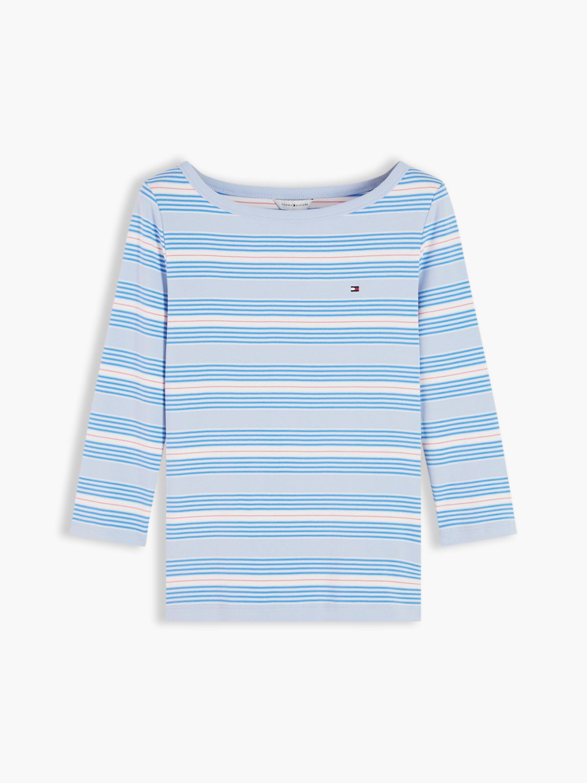 Boat Neck Slim Three-Quarter Sleeve T-Shirt — Blue