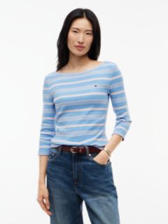 Boat Neck Slim Three-Quarter Sleeve T-Shirt — Blue 1