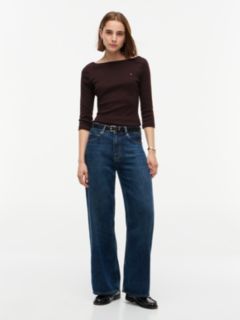 Boat Neck Slim Three-Quarter Sleeve T-Shirt — Brown 2
