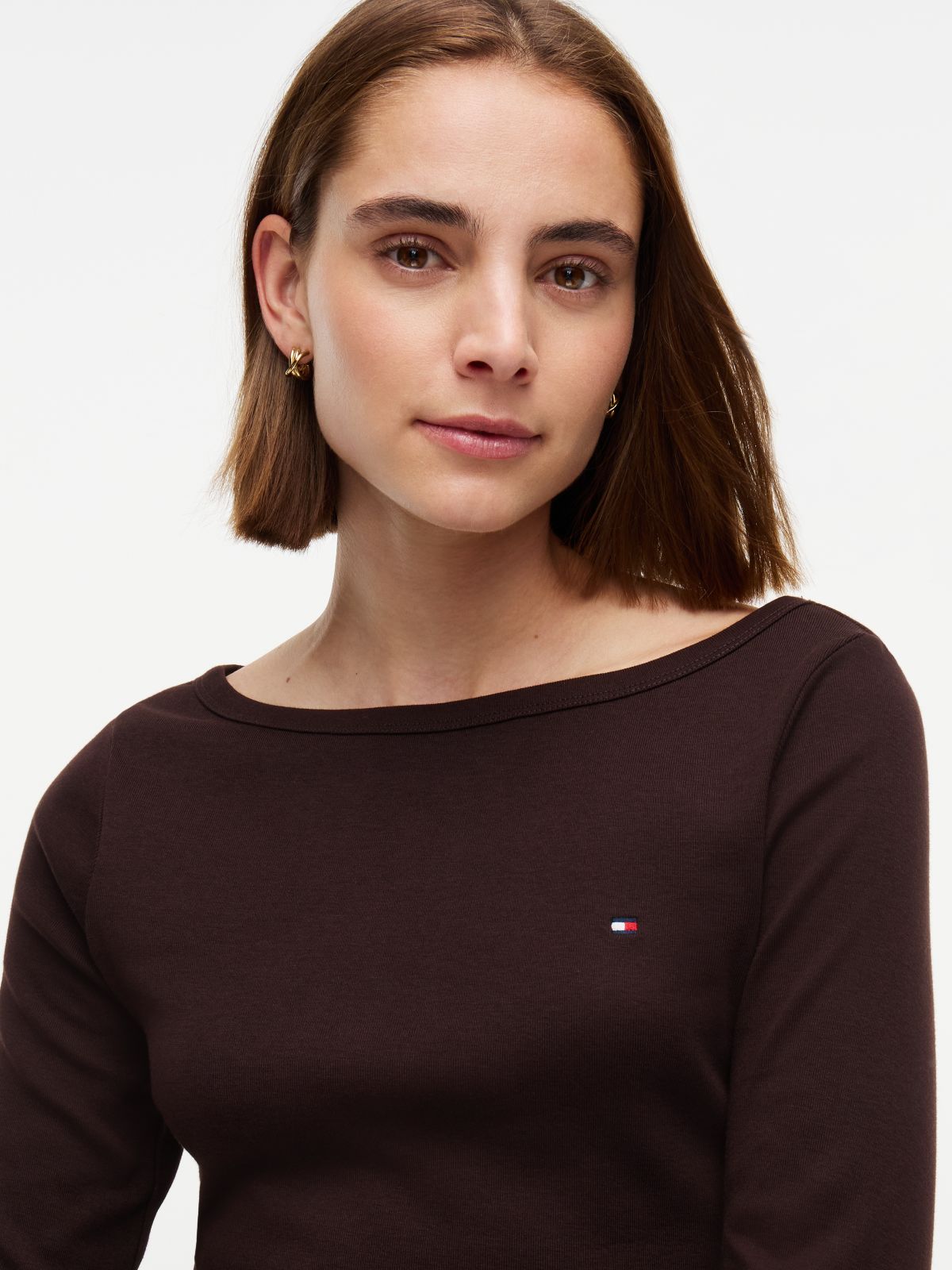 Boat Neck Slim Three-Quarter Sleeve T-Shirt — Brown