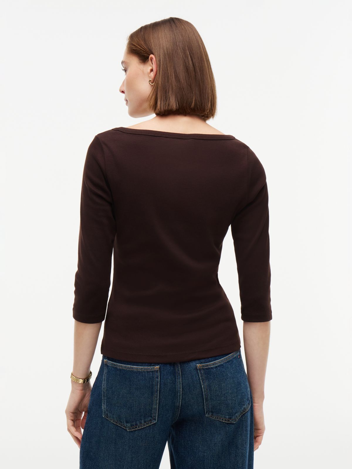 Boat Neck Slim Three-Quarter Sleeve T-Shirt — Brown