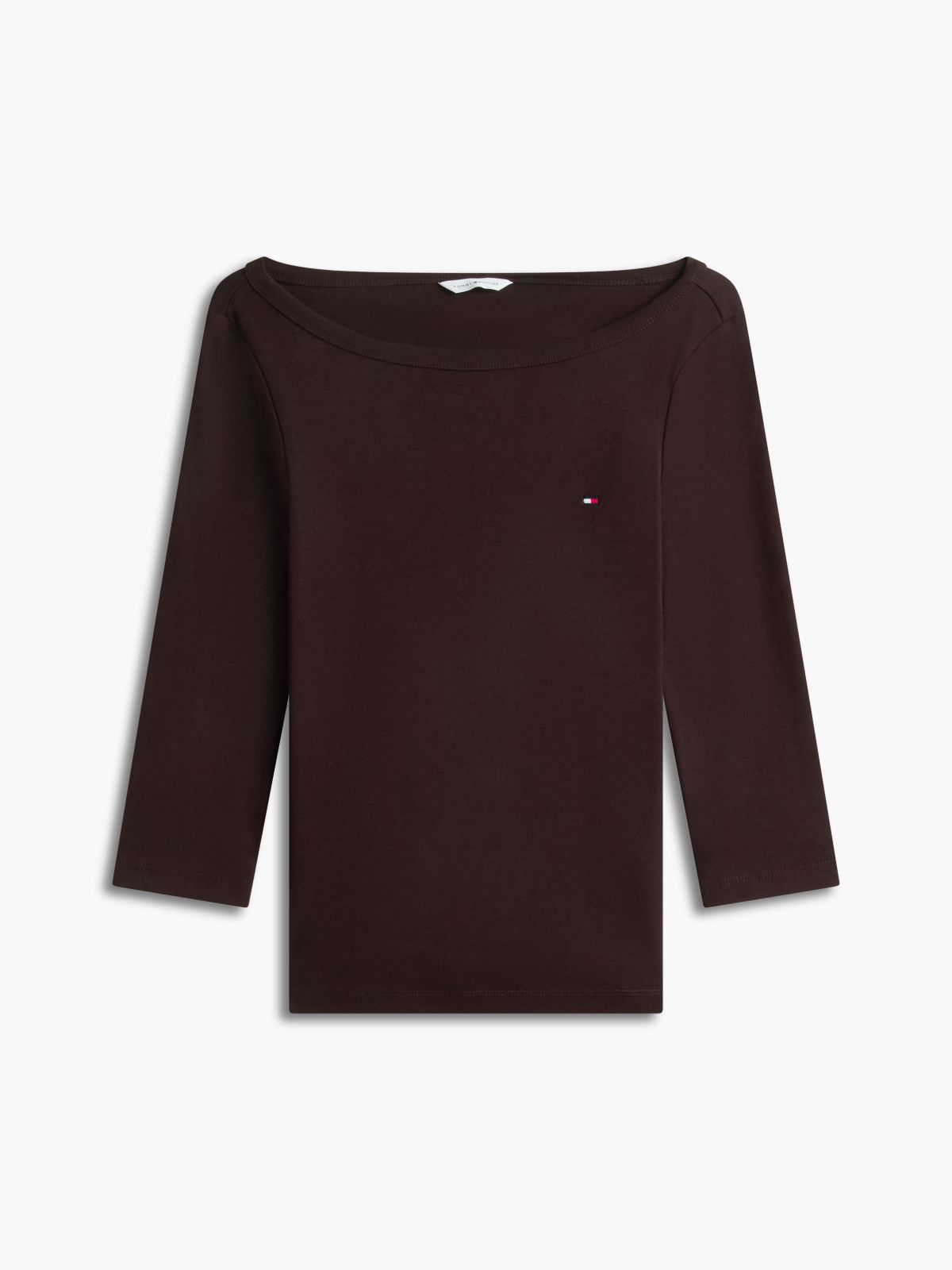 Boat Neck Slim Three-Quarter Sleeve T-Shirt — Brown