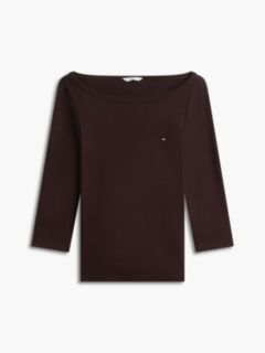 Boat Neck Slim Three-Quarter Sleeve T-Shirt — Brown 5