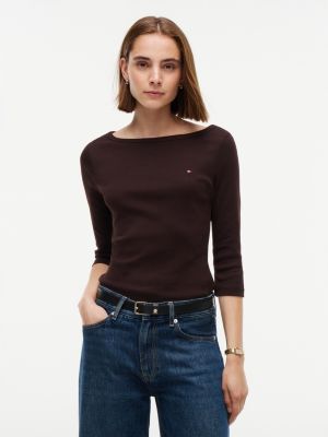 t-shirt slim manches trois-quarts col bateau brown pour femmes tommy hilfiger